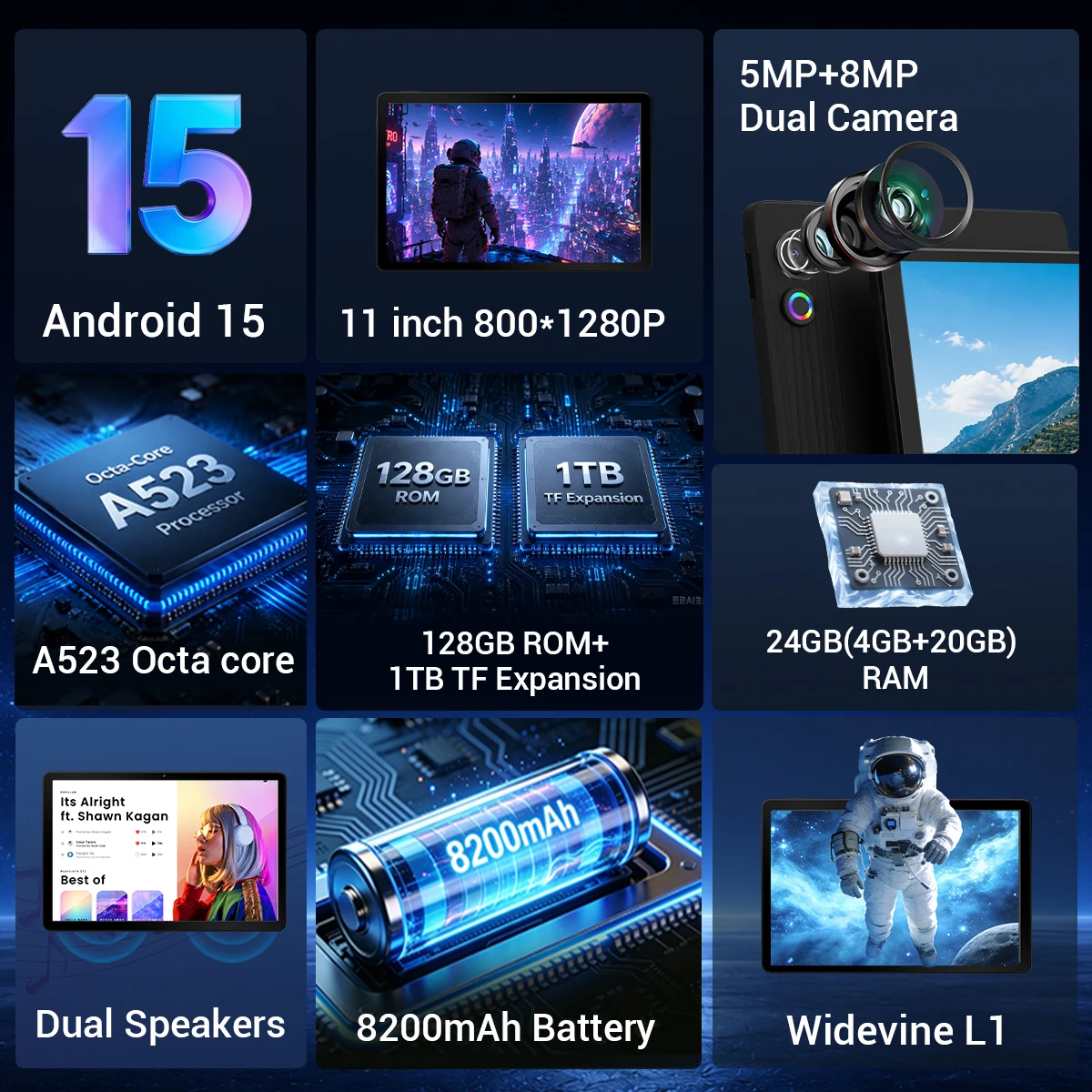 A7L 11 Inch Android15 Tablet PC Octa‑Core A523 24GB(4+20GB Virtual) 128GB ROM Widevine L1 Face ID Unlock 8200mAh Dual Speaker Tablet Complete Bundle With Keyboard Mouse Case Stylus Pen Headphones Charger` - Image 6