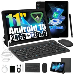 A7L 11 Inch Android15 Tablet PC Octa‑Core A523 24GB(4+20GB Virtual) 128GB ROM Widevine L1 Face ID Unlock 8200mAh Dual Speaker Tablet Complete Bundle With Keyboard Mouse Case Stylus Pen Headphones Charger`