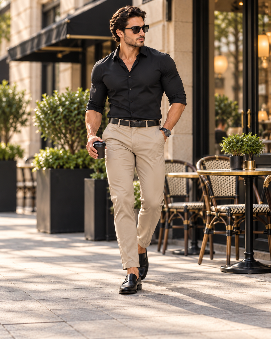 Full-body men's black button-up shirt and beige chinos outfit with black loafers at an outdoor cafe