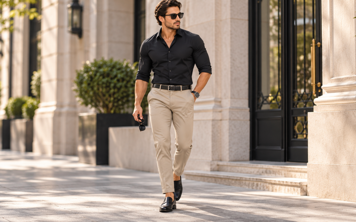 Full-length men's smart-casual outfit with a black button-up shirt, beige chinos, black loafers and sunglasses