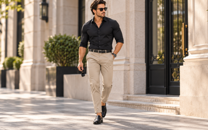 Full-length men's smart-casual outfit with a black button-up shirt, beige chinos, black loafers and sunglasses