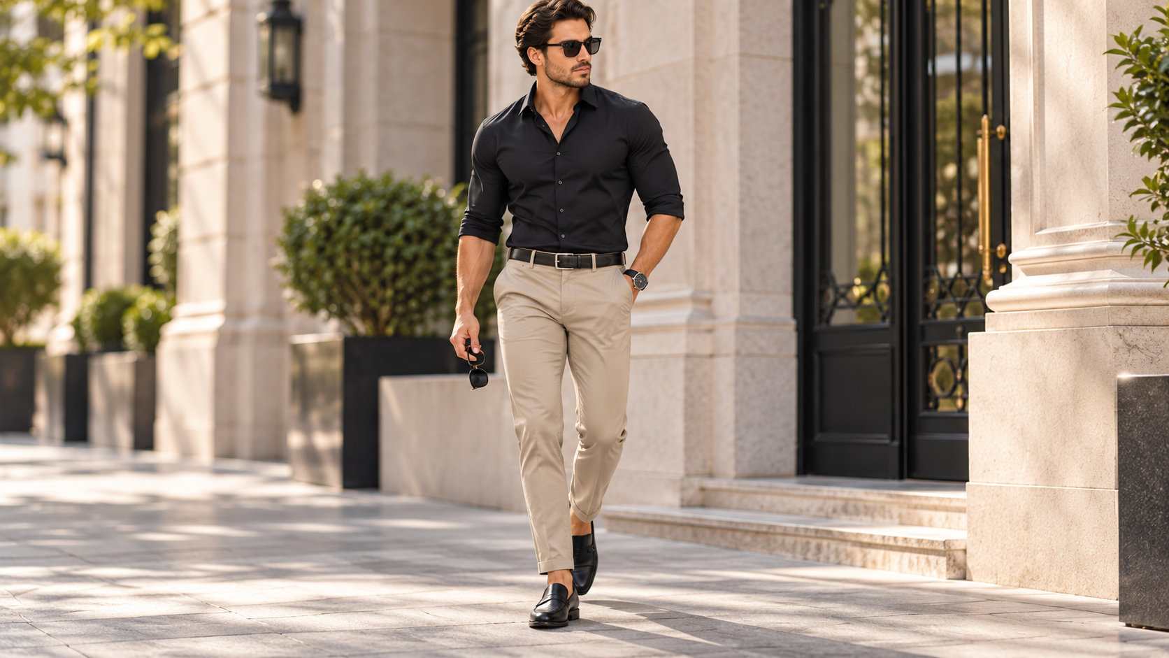 Full-length men's smart-casual outfit with a black button-up shirt, beige chinos, black loafers and sunglasses