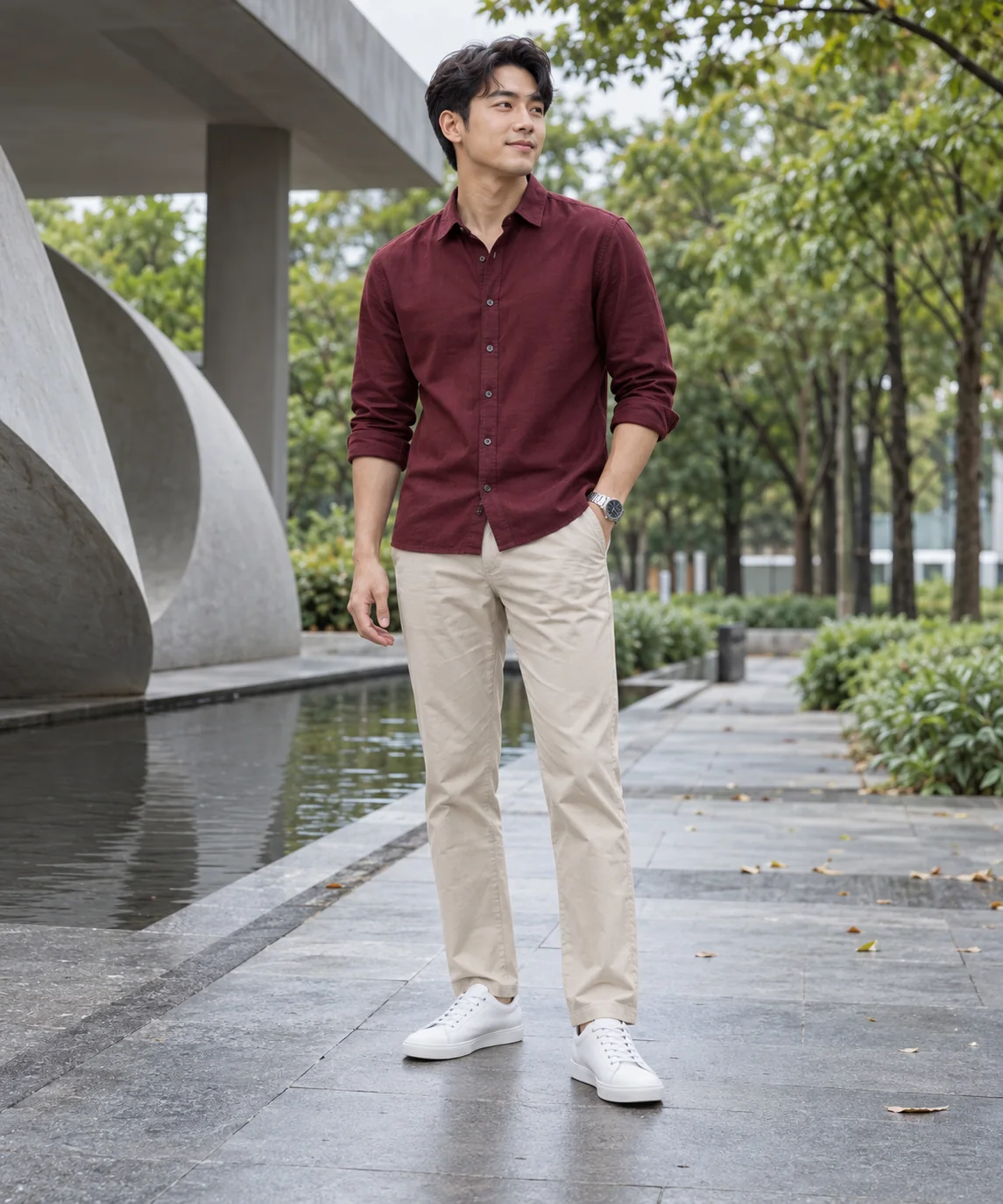 Man wearing an untucked burgundy shirt, straight beige trousers, white low-top sneakers, and a silver watch outdoors.