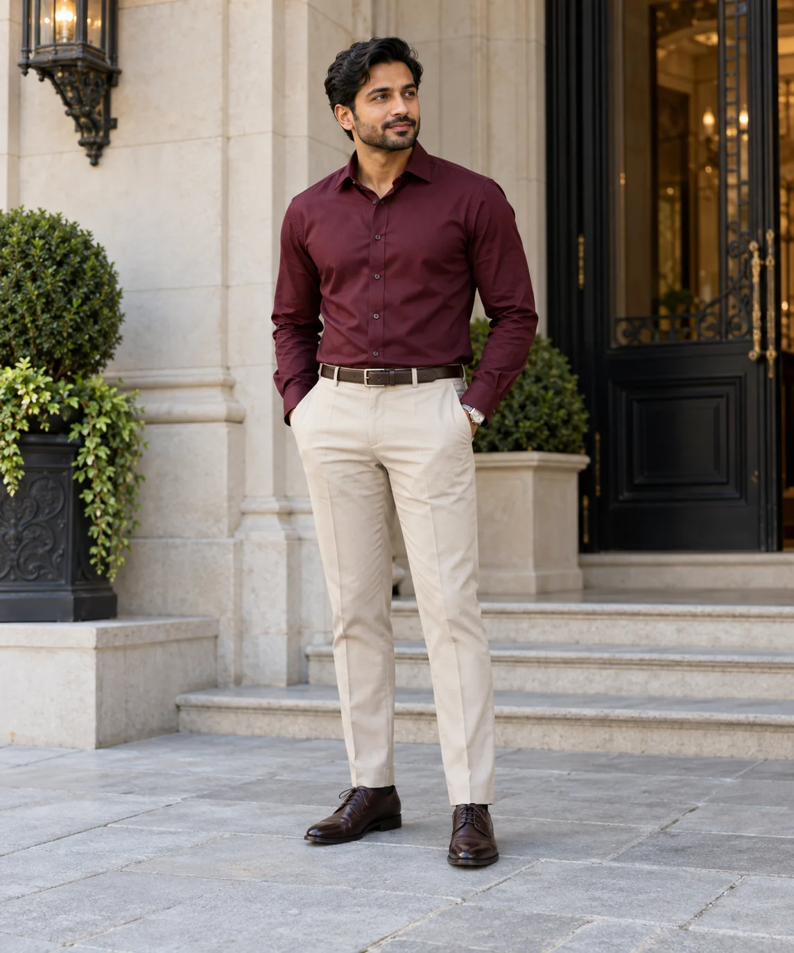 Man in a burgundy dress shirt, beige creased trousers, brown leather lace-up shoes, brown belt, and watch outside a stone building.