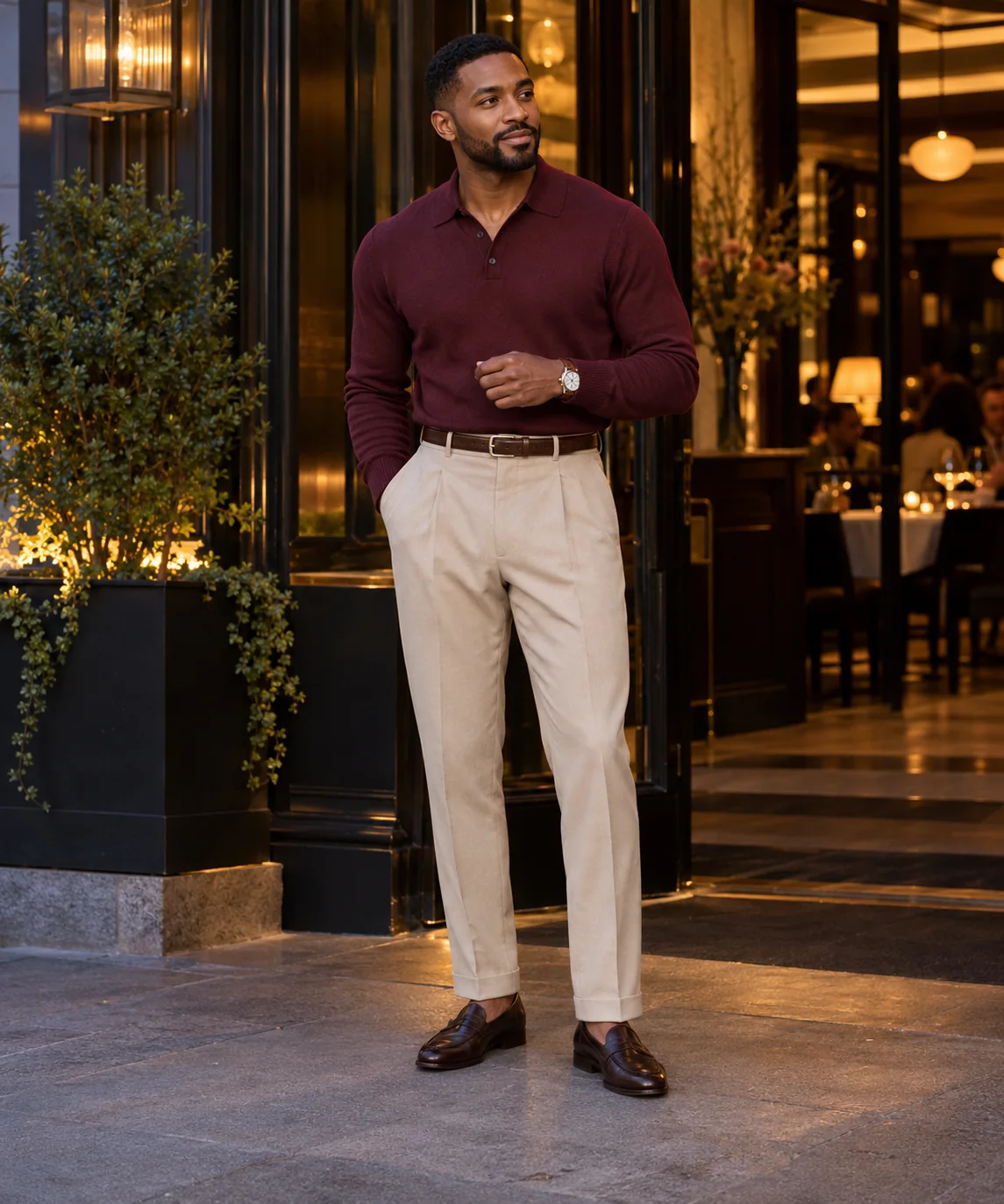 Man wearing a burgundy knitted collared shirt, pleated beige trousers, brown loafers, and a belt outside a restaurant at dusk.