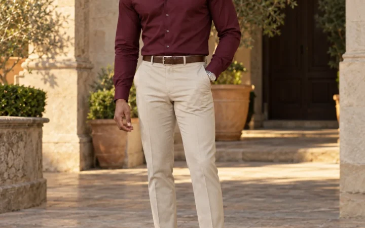 Man wearing a tucked burgundy button-down shirt, beige trousers, brown loafers, and a matching belt in a stone courtyard.