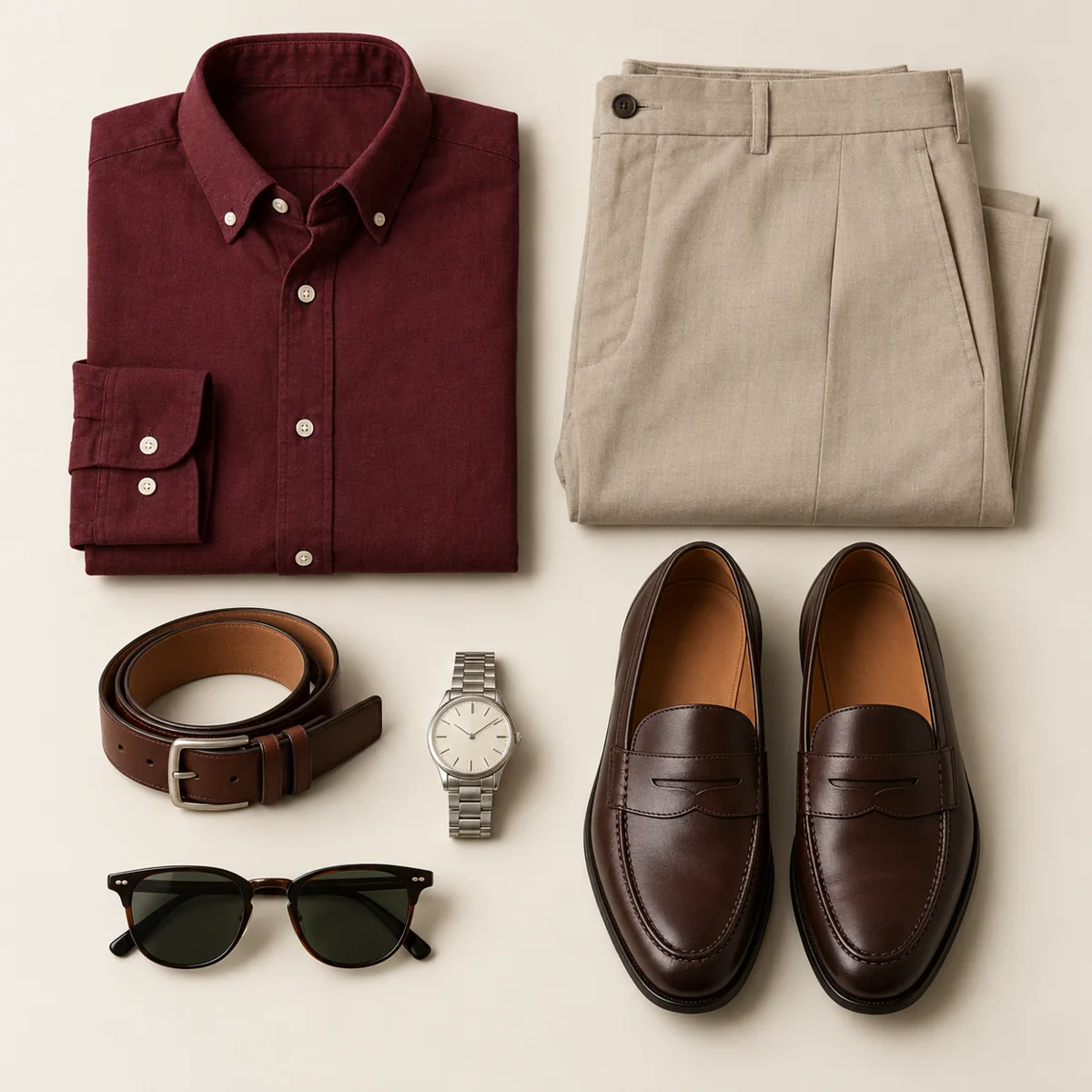Flat-lay of a folded burgundy shirt, beige trousers, brown belt, silver watch, dark brown loafers, and sunglasses.