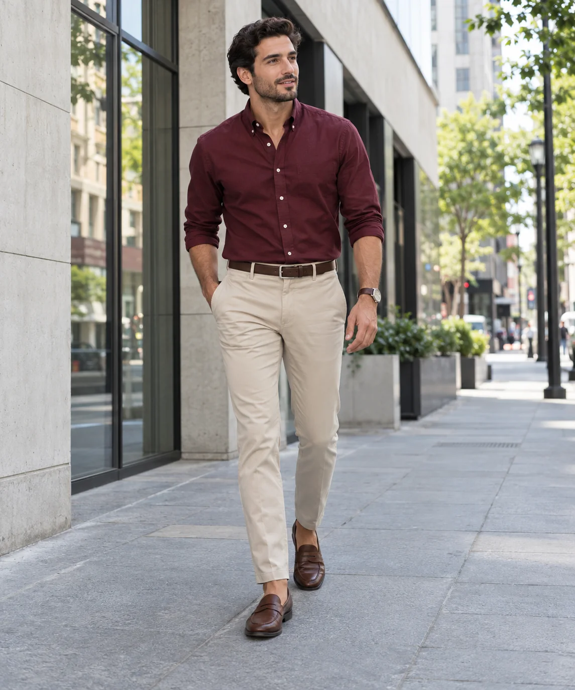 Man walking in a burgundy shirt, beige chinos, brown leather loafers, brown belt, and wristwatch beside modern buildings.