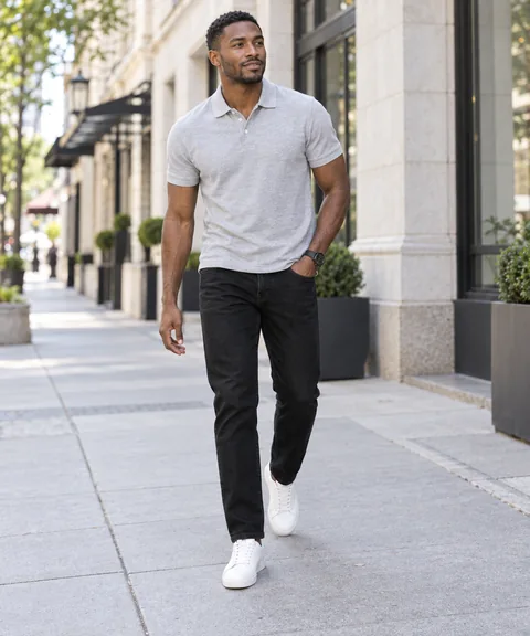 Man in a grey piqué polo, black straight-leg jeans, white low-top sneakers, and a dark watch on an urban sidewalk.