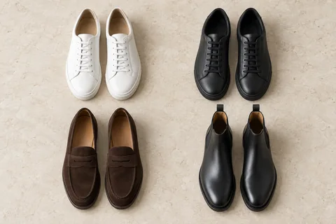 White sneakers, black sneakers, brown suede loafers, and black Chelsea boots arranged on a light stone surface.