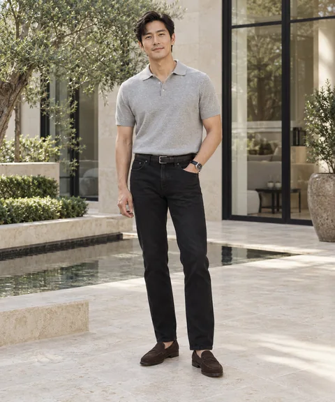 Man wearing a tucked grey polo, black jeans, a black belt, and brown suede loafers in a modern stone courtyard.