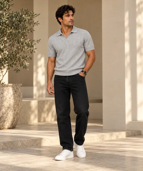 Man wearing a light grey knitted polo, relaxed black jeans, white sneakers, and a dark wristwatch against beige architecture.