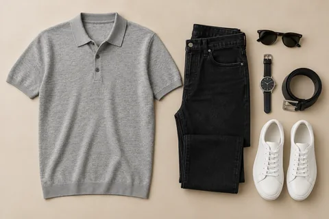 Grey knitted polo, folded black jeans, white sneakers, dark watch, black belt, and sunglasses arranged on a beige surface.