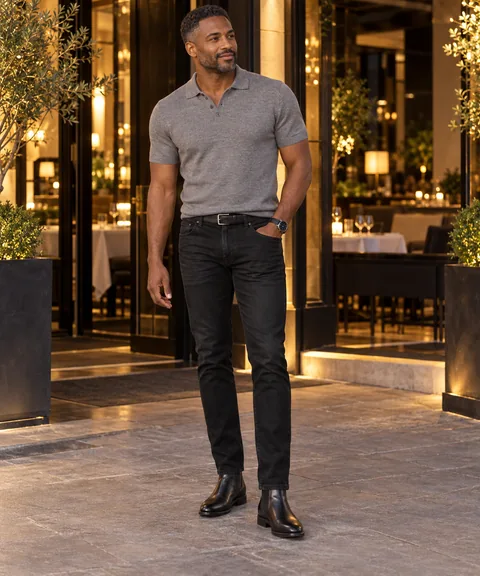 Man wearing a grey polo, black jeans, black Chelsea boots, and a dark watch outside a warmly lit restaurant.