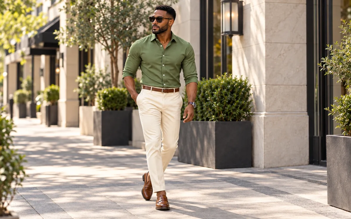 Stylish man wearing an olive green shirt, cream tailored trousers and brown leather loafers.