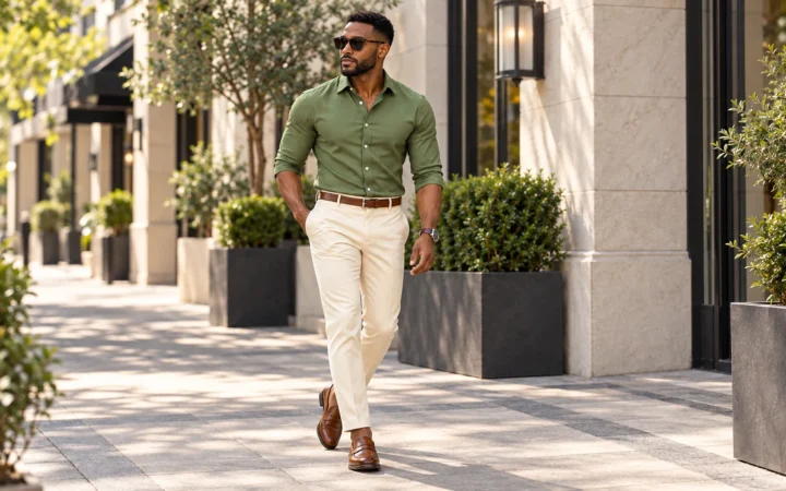 Stylish man wearing an olive green shirt, cream tailored trousers and brown leather loafers.