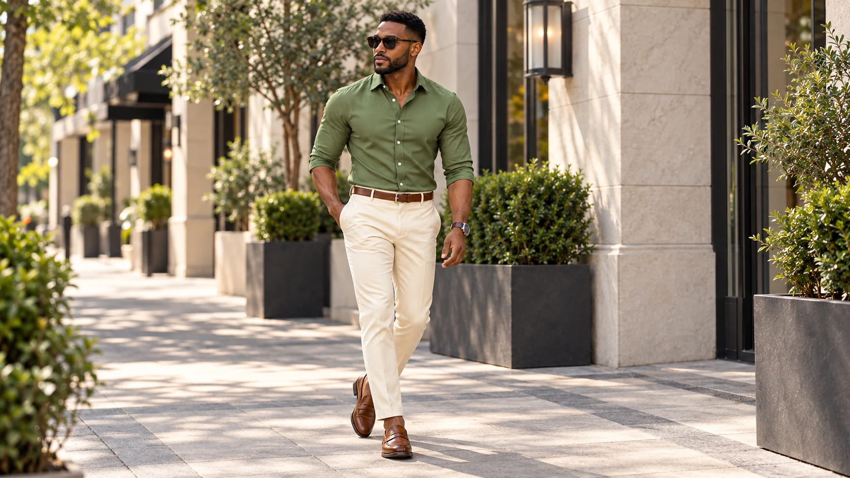 Stylish man wearing an olive green shirt, cream tailored trousers and brown leather loafers.