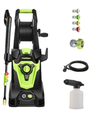 Green-and-black PowRyte pressure washer with hose, four quick-connect nozzles and foam cannon, as shown in the CPSC warning