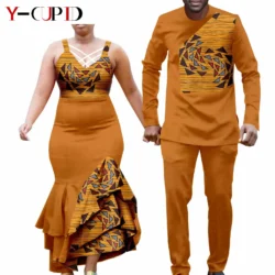African Clothes for Couple Print Long Dresses for Women Dashiki Men Outfits Shirts and Pants 2 Piece Sets for Wedding A21C005