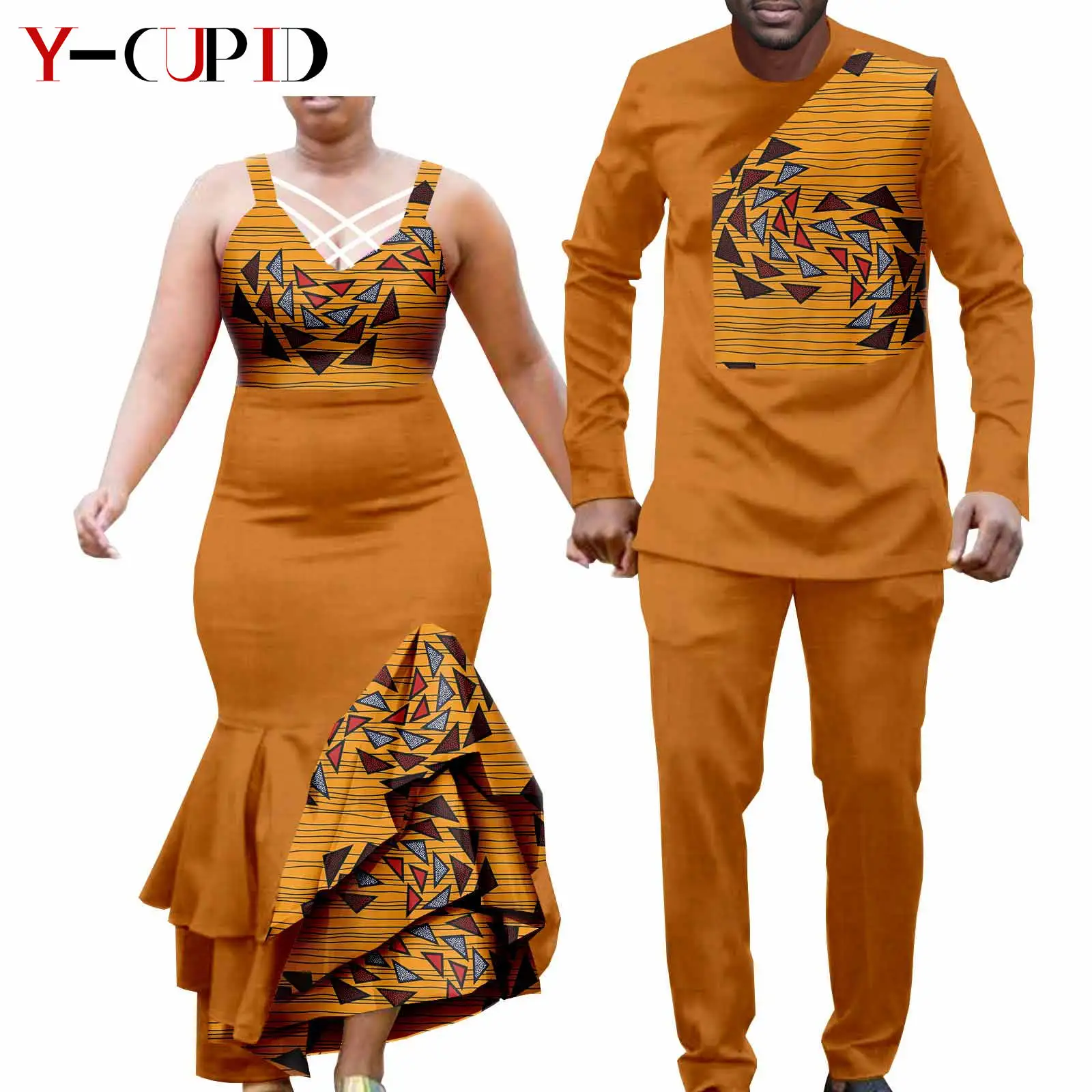 African Clothes for Couple Print Long Dresses for Women Dashiki Men Outfits Shirts and Pants 2 Piece Sets for Wedding A21C005