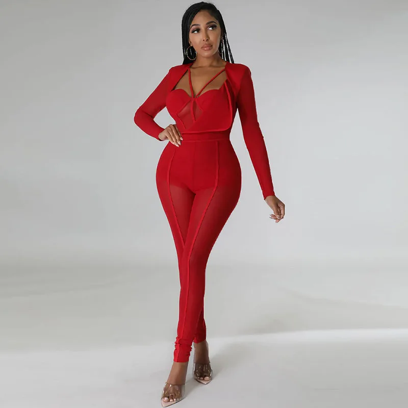 Sexy Mesh Patchwork Sheer Night Club Bodycon Jumpsuit for Women See Through One Piece Rompers Clubwear Party Birthday Outfits - Image 9