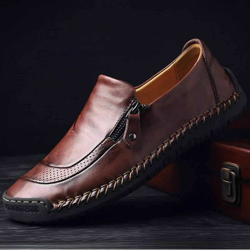 Handmade Men Casual Shoes Outdoor Leather Shoes Soft Sole Zipper Men Shoes Slip on Driving Shoe High Quality Breathable Loafers - Image 4