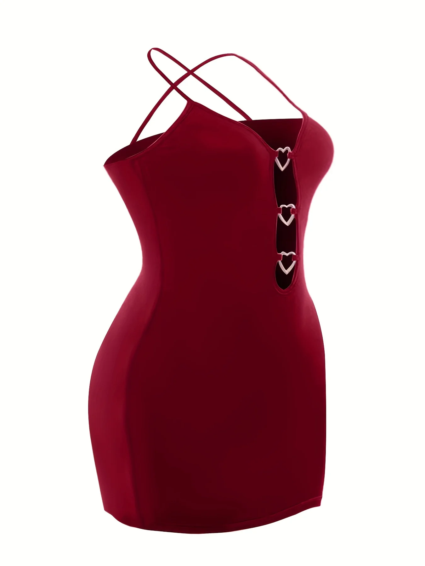 Plus Size Autumn Sexy Suspender Dress, Women's Plus Solid Color Cut Out Heart Decor V Neck Slight Stretch Slim Fit Mini Dress - Image 4