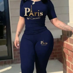 2026 Women's New Paris Printed Two-Piece Set, Casual Short-Sleeved Round Neck T-Shirt and Tight Pants Long Pants Set