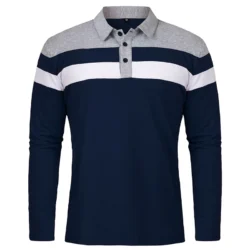 Men's Long Sleeve Shirt Casual Cotton Patchwork Collared Shirt Autumn Striped Pullover Streetwear Golf Button Polo Shirts