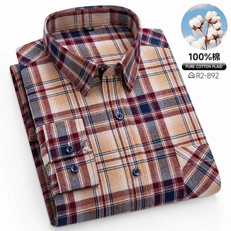 Autumn Winter Standard-Fit Thick Flannel Plaid Shirts for Men Long Sleeve Pure Cotton Shirt Patch Pocket Design Streetwear - Image 8