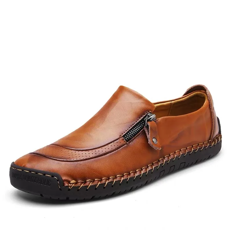 Handmade Men Casual Shoes Outdoor Leather Shoes Soft Sole Zipper Men Shoes Slip on Driving Shoe High Quality Breathable Loafers