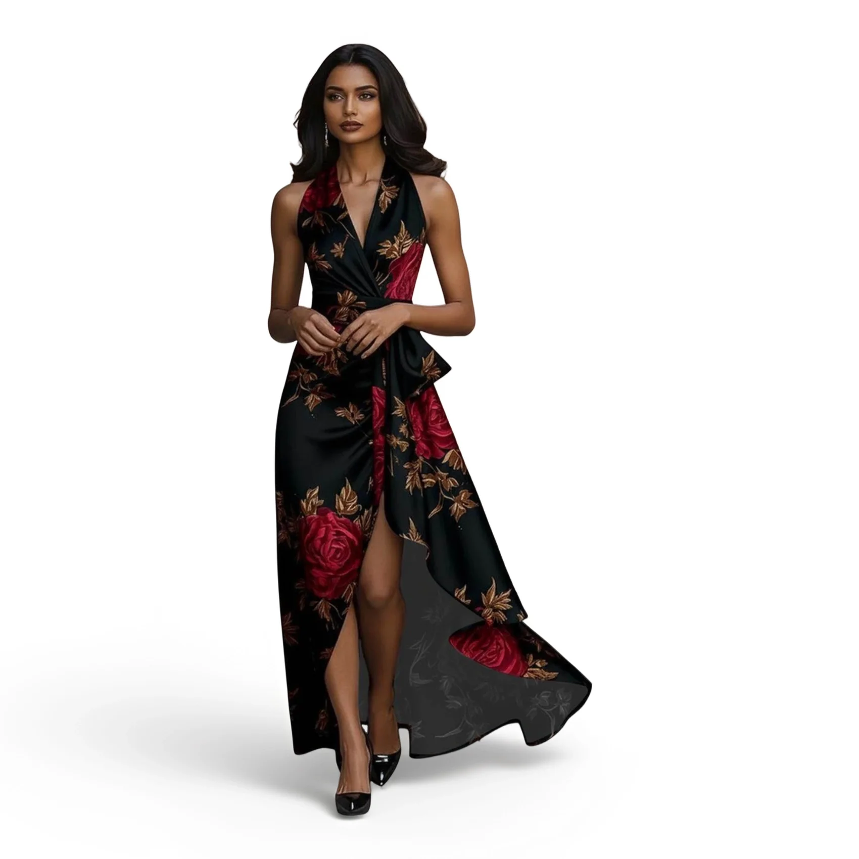 Women's Halter V Neck Sleeveless Maxi Dress Floral Print Wrap Design High Low Split Ruffle Hem Slim Ladies Dress - Image 4