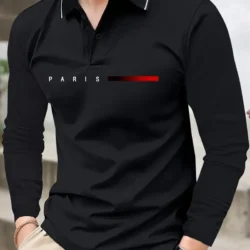 2026 Spring/Summer New Men's Long-Sleeved Polo Shirt Street Fashion Casual Comfort Soft 3D Letter Pattern Print