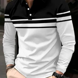 Men's Striped Long-Sleeved Polo Shirt for Autumn and Winter Ideal for Casual Sporty Outdoor and Daily Wear