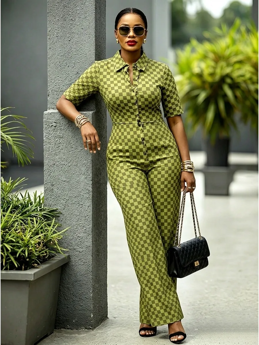 Modigirl Women Checkerboard Print Jumpsuit Lapel Collar Short Sleeve High Waist Wide Leg Rompers Casual Streetwear Jumpsuits - Image 6