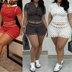 FAGADOER Sexy Women's Matching Sets Polka Dot Print Patchwork Short Sleeve Top and Shorts