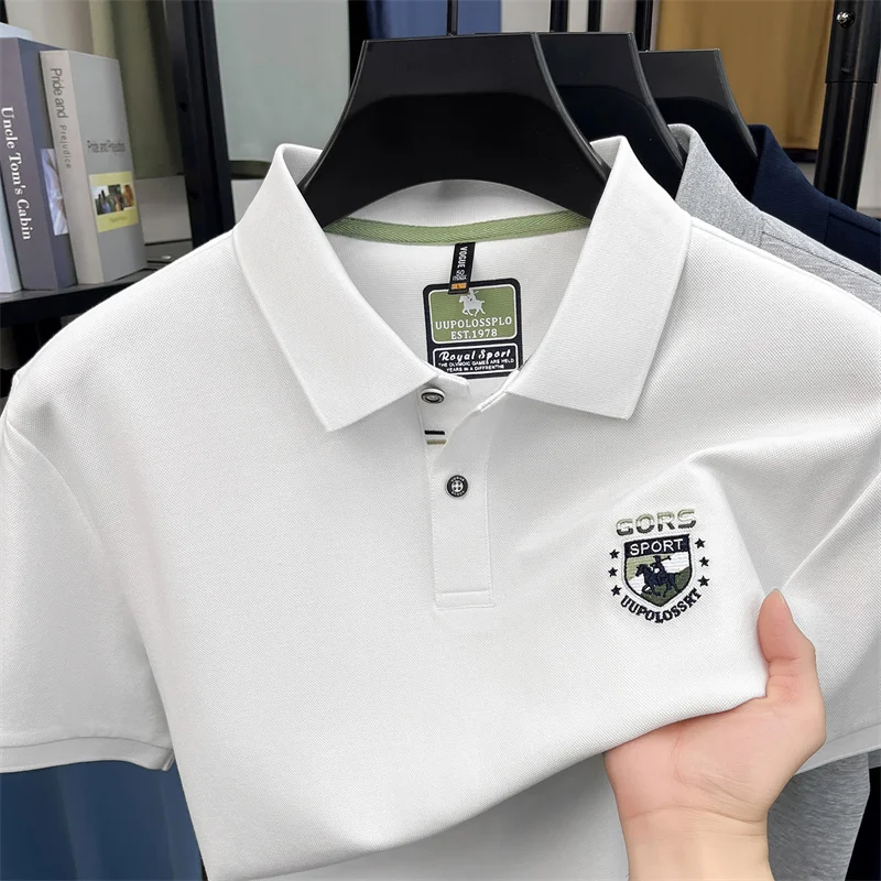 Men's Polo Shirt Short Sleeve Embroidered Pique Knit White Light Gray Breathable Casual Business Classic Summer Men's Clothing - Image 3