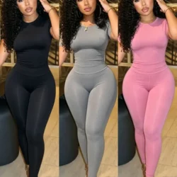 Joskaa Ribbed Solid 2 Piece Set Women O-Neck Short Sleeve Slim Fitted Tee+High Waist Skinny Pants Matching Loungewear Tracksuits