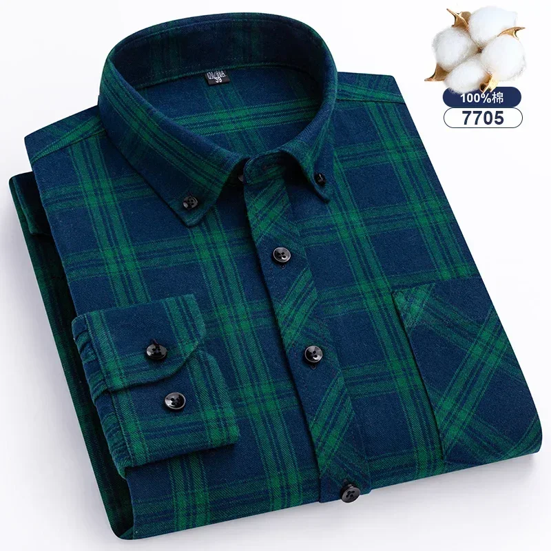 Autumn Winter Standard-Fit Thick Flannel Plaid Shirts for Men Long Sleeve Pure Cotton Shirt Patch Pocket Design Streetwear - Image 17