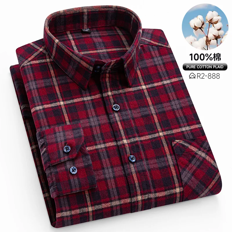 Autumn Winter Standard-Fit Thick Flannel Plaid Shirts for Men Long Sleeve Pure Cotton Shirt Patch Pocket Design Streetwear - Image 14