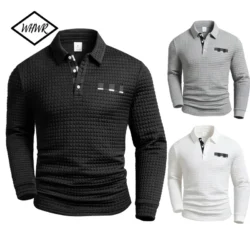 Men's Polo Shirts Square Plaid Texture Fabric Solid Color Mens Long Sleeve Tops Button Checkered Patchwork Henley Collar