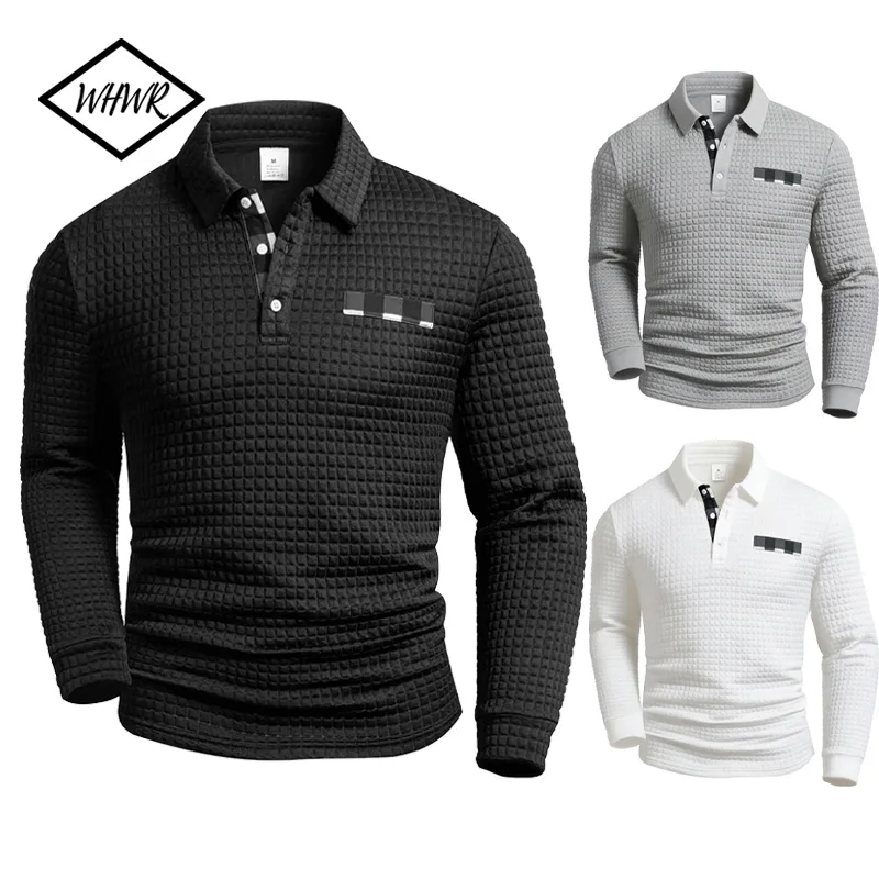 Men's Polo Shirts Square Plaid Texture Fabric Solid Color Mens Long Sleeve Tops Button Checkered Patchwork Henley Collar