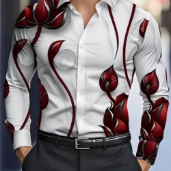 New Glossy Satin Men's Long Sleeve Shirt with Rice Bottom Color Baroque Feather Pattern Business Casual Top