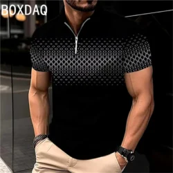 Vintage 3D Gradient Letter Printed Polo Shirt Men Golf Sport Shirt Big Size Short Sleeve With Zipper Casual Polo Shirt