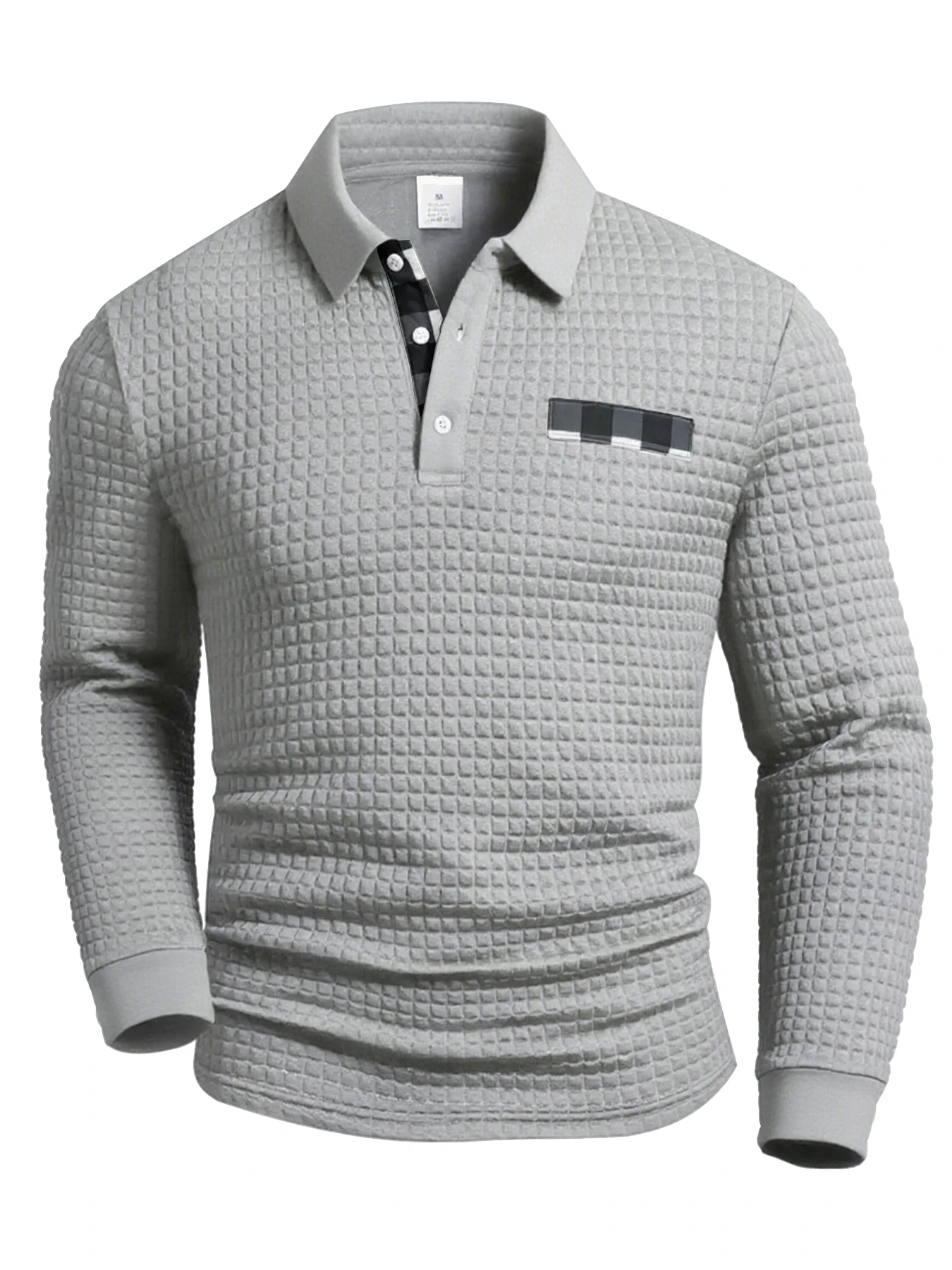 Men's Polo Shirts Square Plaid Texture Fabric Solid Color Mens Long Sleeve Tops Button Checkered Patchwork Henley Collar - Image 4