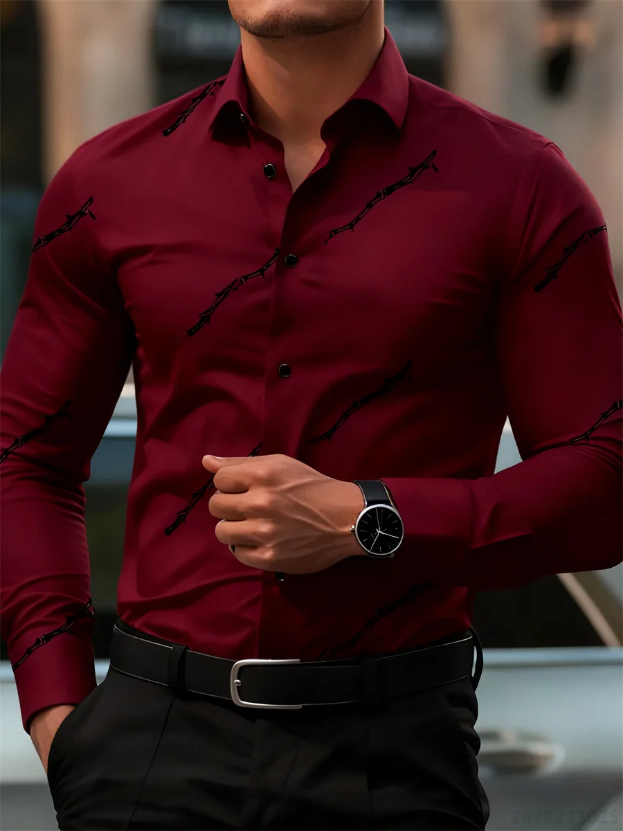 Men's personalized thorn print long-sleeved shirt. Business casual style, fashionable design, versatile and non-iron shirt. - Image 9