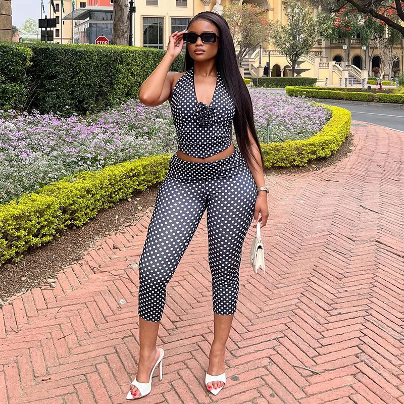 Polka Dot Print Pants Sets Women Sexy Hot Girl 3D Flowers Halter Neck Cropped Top Trousers Two Piece Set Fashion Streetwear Suit - Image 3