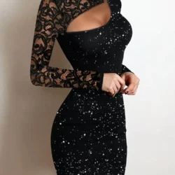 Sexy Mini Dresses Women Female Party Dresses Wedding Guest Temperament Women's Skinny Glitter Contrast Lace Cutout Bodycon Dress