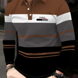Spring and Autumn Men's Long-Sleeved Polo Shirt with Stripes Print - Comfortable Soft Fashionable Streetwear Clothing