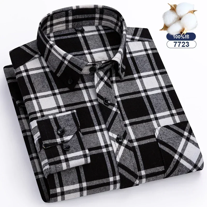 Autumn Winter Standard-Fit Thick Flannel Plaid Shirts for Men Long Sleeve Pure Cotton Shirt Patch Pocket Design Streetwear - Image 7